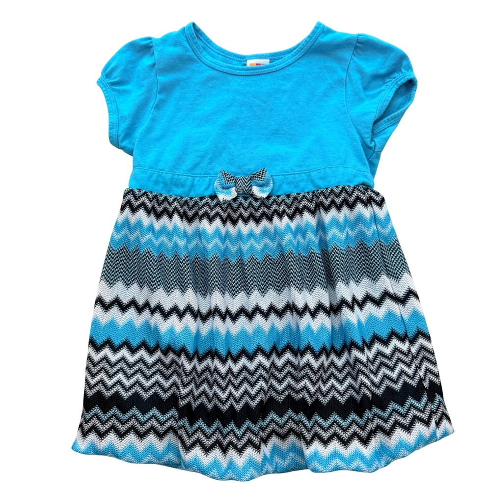 Healthtex Chevron Knit Dress Kids 5T Blue Zig Zag Bow Short Sleeve